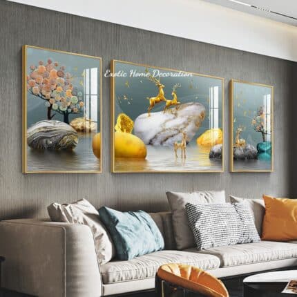 Two deer with colorful round trees : Blue Grey Base