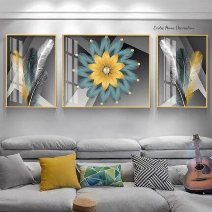 Yellow Circle Feather Teal Grey Base